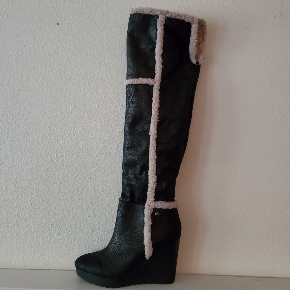 Thigh high fabric faux sheepskin wedge heeled boots